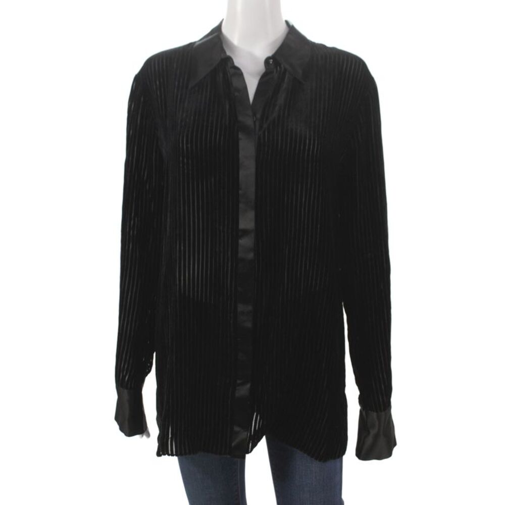 Elie Tahari Women Collared Striped Tunic Blouse Black Long Sleeve Size L